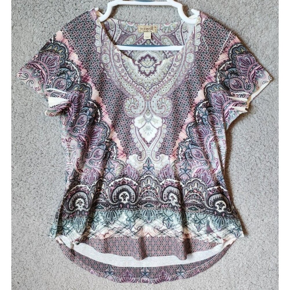 One World Women's Short‎ Sleeve Round Neck Blouse Top Patterned Polyester Size M